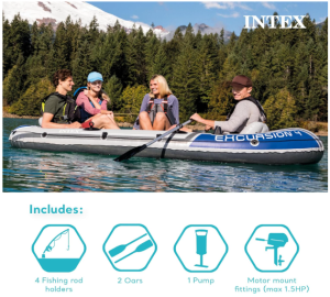 Intex Excursion 5 Person Inflatable Boat Set with 2 Aluminum Oars and Pump, Intex 12V Transom Mount Boat Trolling, and Motor Mount Kit